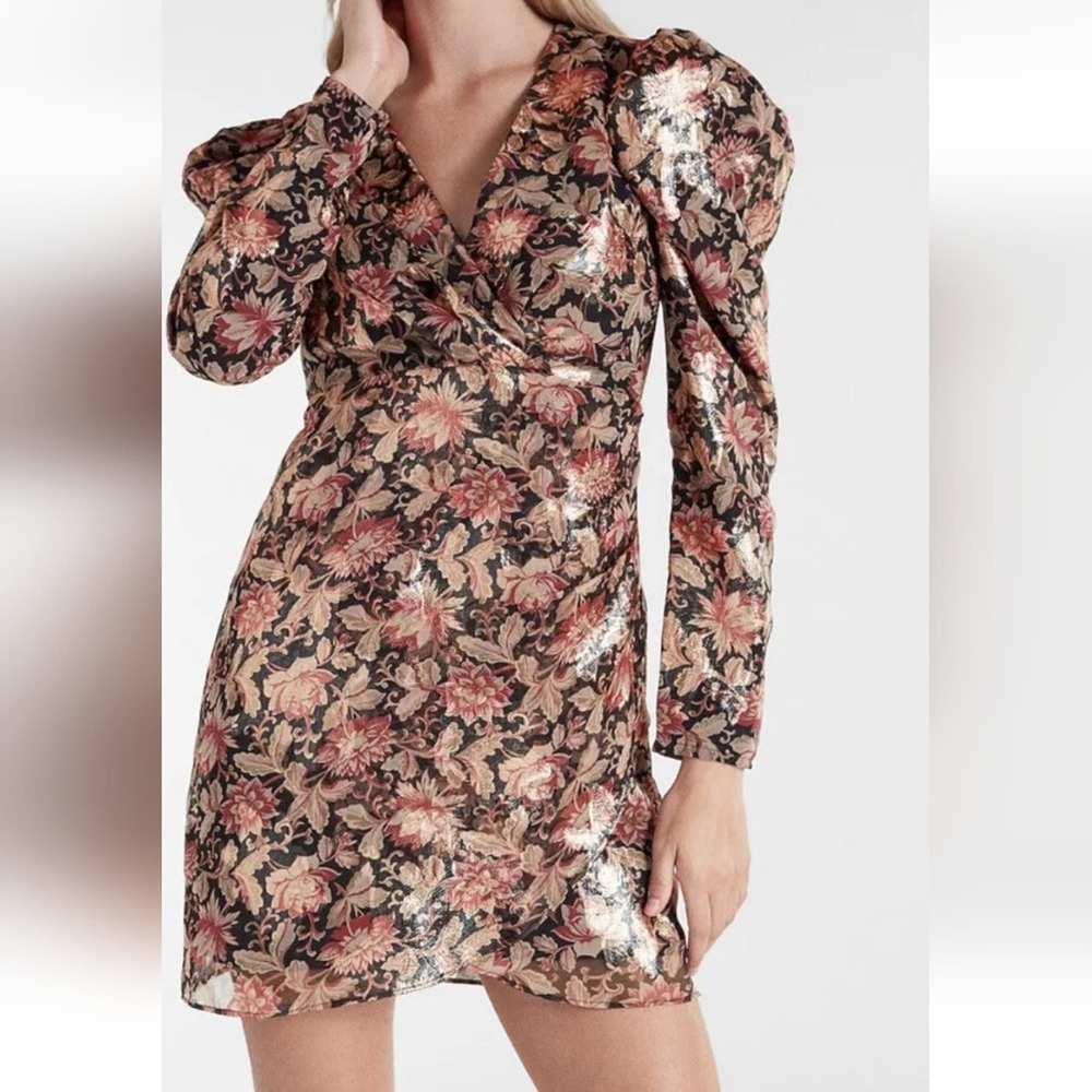 EXPRESS Floral Metallic Gold Puff Sleeve Shoulder Sheath Wrap Dress Size large